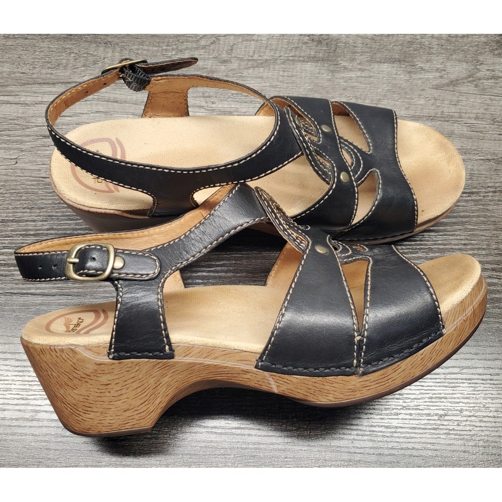 Dansko Sigrid Sandals Womens 41 Black Leather Strappy Chunky Heel Shoes BOHO EUC